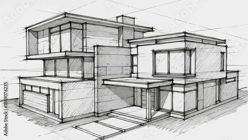 Modern Architectural Sketch of a Multi-Story Residential Building.
