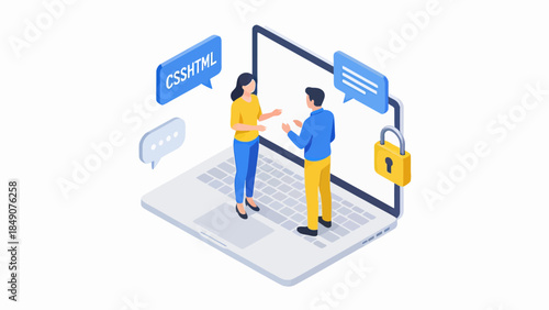 Two people discussing coding on a laptop