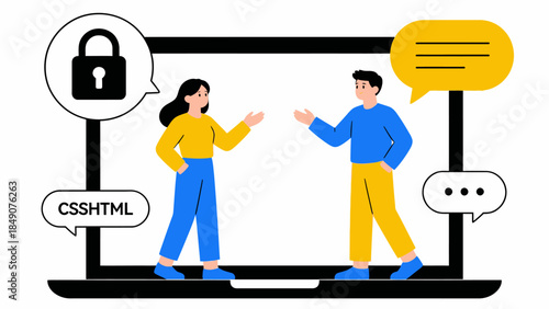 Two people discussing coding on a laptop