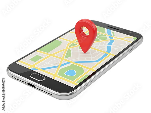 Smartphone with map and red location pin isolated isolated on transparent background
