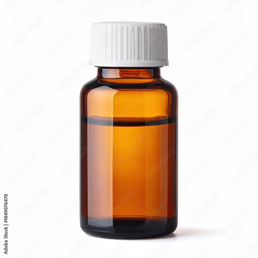 Fototapeta premium Small amber glass bottle filled with clear liquid and a white cap