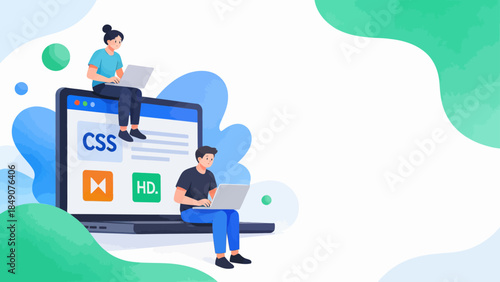 Two people working on laptops with coding symbols