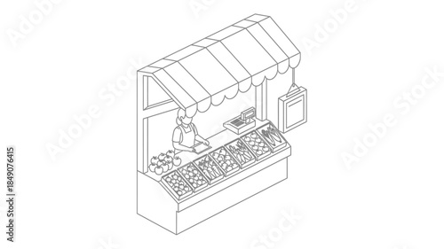 A simple line drawing depicts a market stall with a shaded canopy and displayed goods