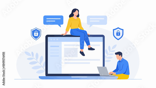 Two people interacting with a laptop