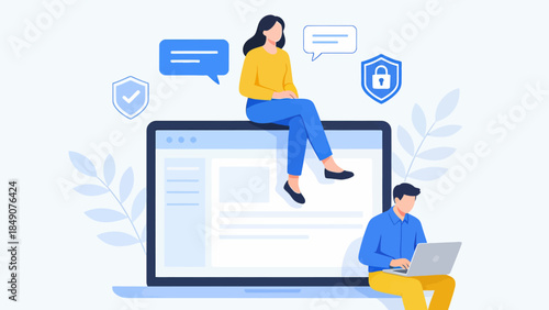 Two people interacting with a large laptop