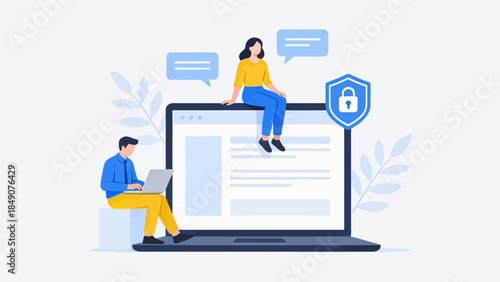 Two people on a laptop with security icon