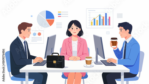 Business meeting with data charts