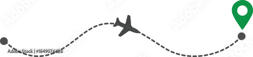 Journey's Aerial Path: An airplane traces its dotted trajectory across the sky, charting a course towards its destination marked with a pinpoint marker.
