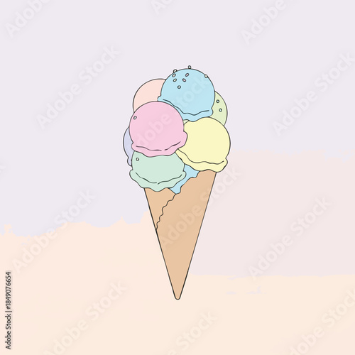 Colorful illustration of a waffle cone with multiple scoops of ice cream against a pastel background.