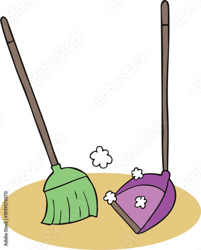 Broom and Dustpan Duo: Two cleaning essentials working harmoniously, a green broom sweeping near a dustpan and catching dust. Capturing the essence of tidiness and domesticity.