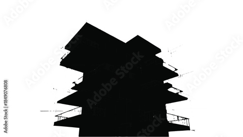 Abstract black silhouette shape with dynamic geometric forms and white background for design element or artistic concept