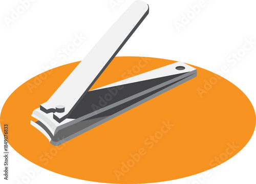 Nail Clipper on Orange Circle: A simple, isolated image of a nail clipper. The chrome object is positioned diagonally across a contrasting orange circle.