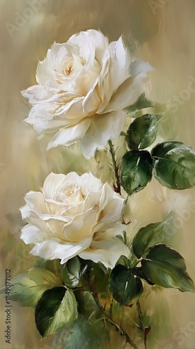 Two Elegant White Roses With Green Leaves Arranged on a Plant