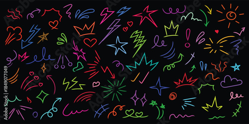 Neon doodle highlight elements set on black background