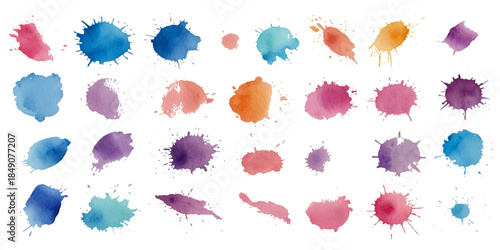 Collection of colorful abstract watercolor splashes and ink blot splatters showing grunge drops, stains, and blobs on white with dynamic artistic flow and texture

