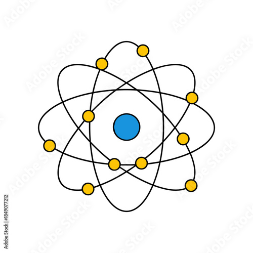 Atomic structure illustration with nucleus and orbiting electrons.