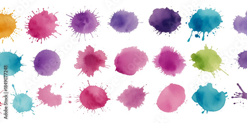 Set of vibrant abstract watercolor splashes and ink splatters featuring colorful grunge drops, stains, and blobs isolated on white with dynamic artistic fluid motion textures 
