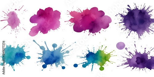 Set of vibrant abstract watercolor splashes and ink splatters featuring colorful grunge drops, stains, and blobs isolated on white with dynamic artistic fluid motion textures 

