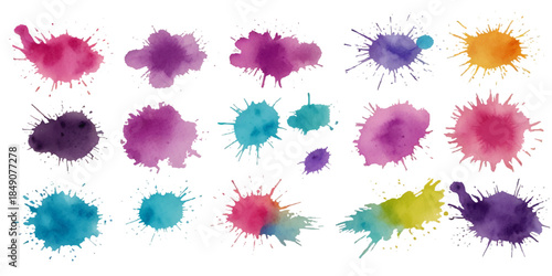 vibrant abstract watercolor and ink splatter designs with colorful grunge drops, stains, and blobs isolated on white, featuring bold artistic motion and texture

