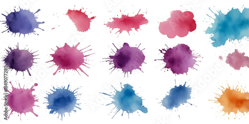 vibrant abstract watercolor paint splashes with colorful ink splatters, grunge stains, and blobs isolated on a clean white background with expressive fluid artistic motion

