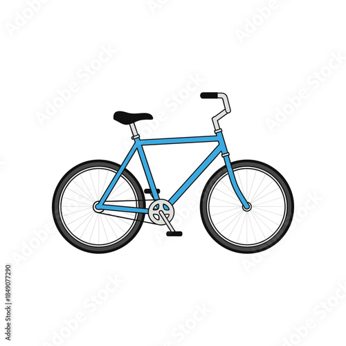 Blue bicycle with black tires and seat on a white background.