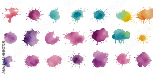 vibrant abstract watercolor paint splashes with colorful ink splatters, grunge stains, and blobs isolated on a clean white background with expressive fluid artistic motion


