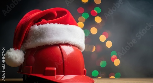 Christmas Santa hat on firefighter red helmet with smoke haze and warm festive lights