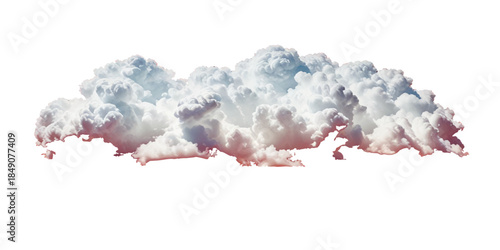 Detailed volumetric white cumulus cloud floating on a clean white background, realistic 3D weather element with soft pink sunset glow and surreal red watercolor drip

