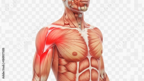 Detailed illustration of human muscular system with highlighted shoulder muscles