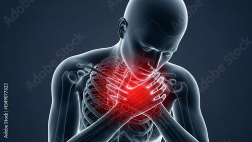 Person experiencing heart pain with transparent body and glowing red heart