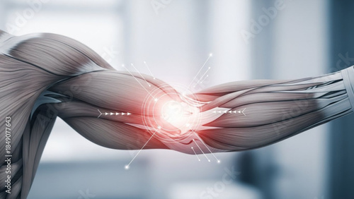 Anatomical illustration of a human elbow joint with highlighted pain area