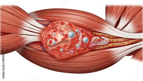 Anatomical illustration of a human muscle with blood vessels and nerves