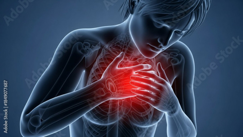 Man experiencing heart pain or chest pain with glowing red heart and skeleton