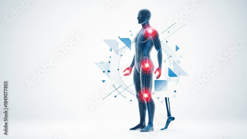 A person with a prosthetic leg and highlighted pain points on their body standing in front of geometric shapes on a