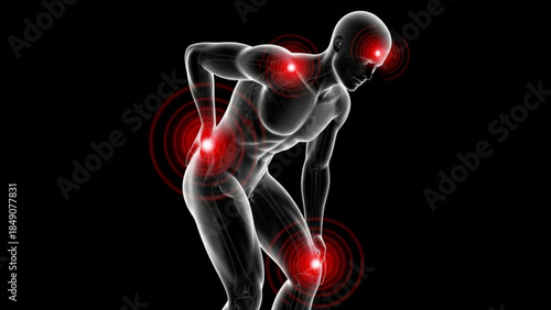 Human body with glowing red pain points on joints and back