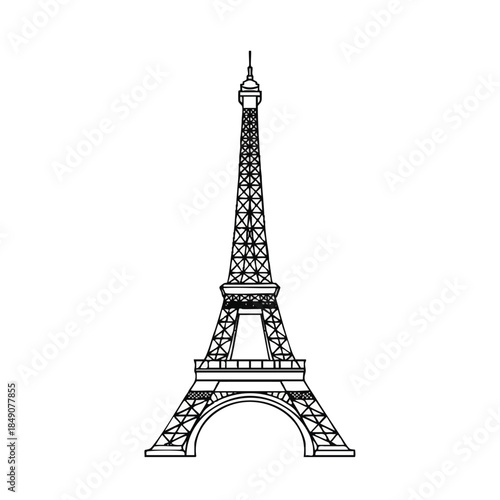 Minimalist 2D vector illustration of the iconic Eiffel Tower in Paris, France, featuring clean black lines isolated against a bright white background.