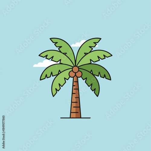 A cartoon palm tree with green leaves and orange coconuts against a light blue background with a small white cloud.