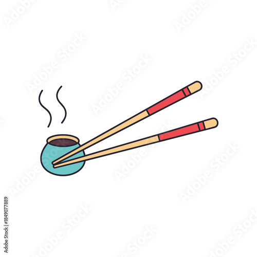 Chopsticks resting on a small bowl of dipping sauce with steam rising.
