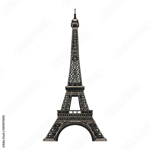 Eiffel Tower tourist icon, depicted using a bold 2D flat vector graphic, symbolizing a vacation or travel destination isolated cleanly against a bright white backdrop.