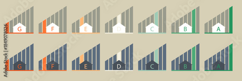Energy Efficiency House Rating Gauge and Icons. A to G Scale