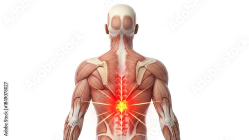 Human male anatomy with back muscles and spine highlighted in red on showing pain