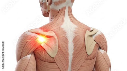 Human back muscles with highlighted shoulder pain area on left side