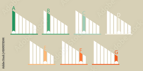Energy Efficiency House Rating Gauge and Icons. A to G Scale