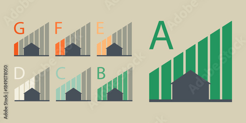 Energy Efficiency House Rating Gauge and Icons. A to G Scale