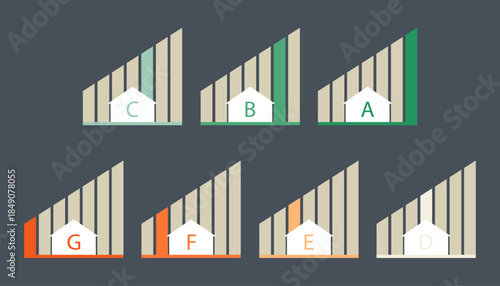 Energy Efficiency House Rating Gauge and Icons. A to G Scale