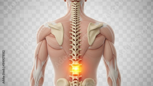 Human back with highlighted spine and glowing lower back pain area