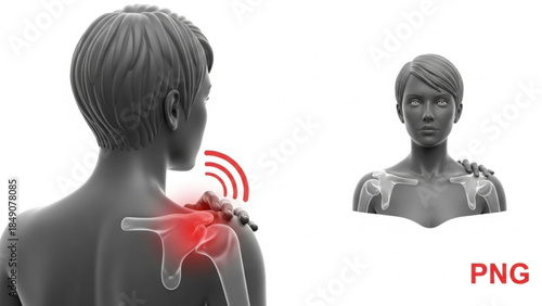 Human body with highlighted shoulder joint and wireless connection symbol indicating pain or injury