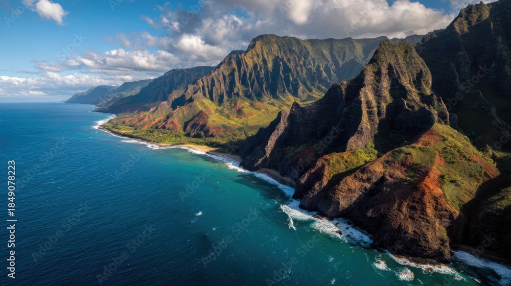 Naklejka premium Dramatic coastal mountains meet turquoise ocean