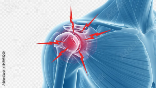 Painful shoulder joint with red inflammation on blue transparent human body