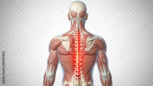 Human male muscular anatomy with highlighted spine